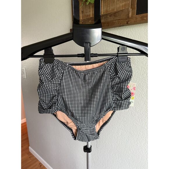 NWT Rey Swim High Waist Shirred Black White Gingham Retro Pinup Swim Bottom S - Picture 2 of 5